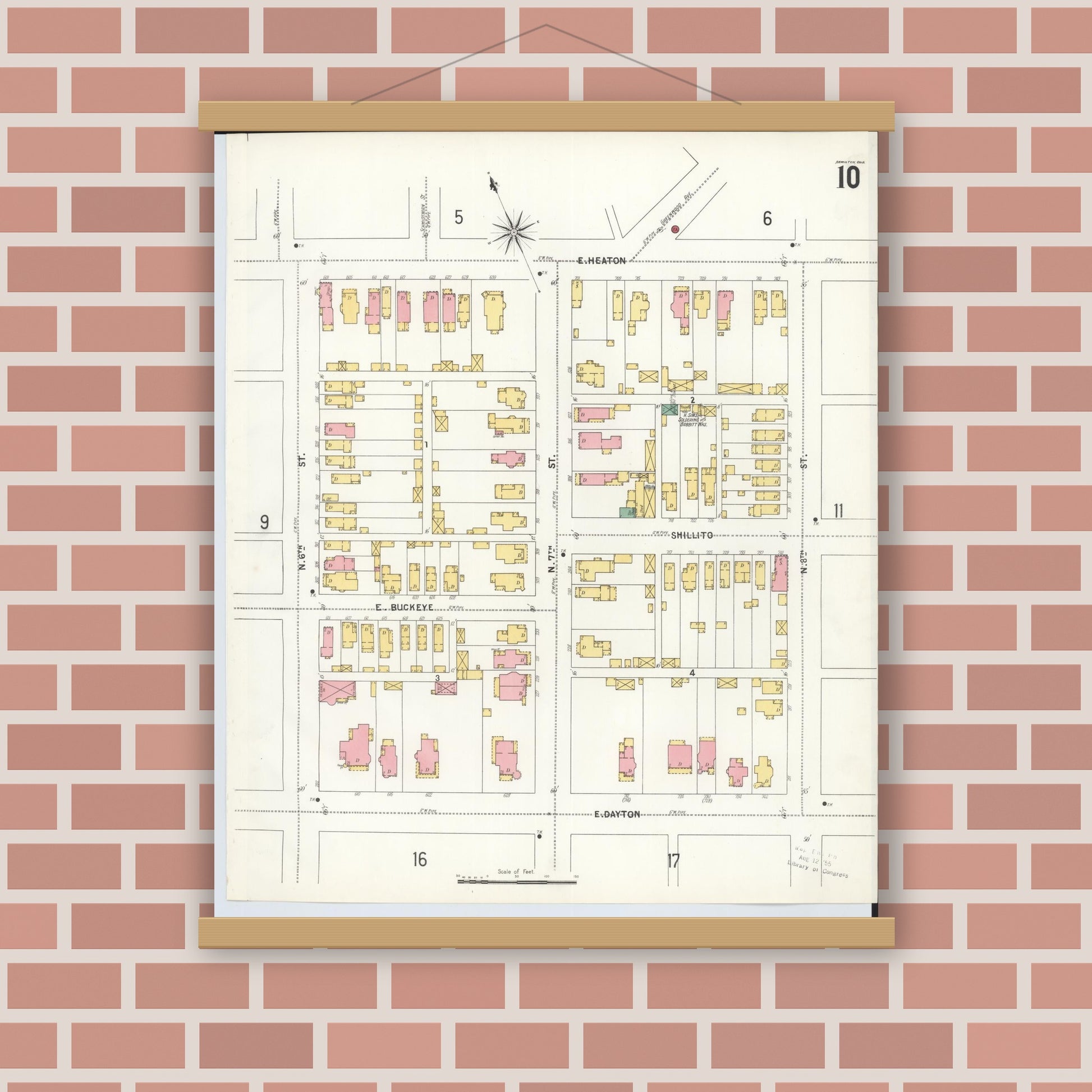 Old map wall art mockup — magnetic wood frame on brick wall — Sanborn Fire Insurance Map from Hamilton, Butler County, Ohio (1899), Sheet #0010