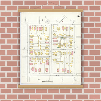 Old map wall art mockup — magnetic wood frame on brick wall — Sanborn Fire Insurance Map from Hamilton, Butler County, Ohio (1899), Sheet #0010