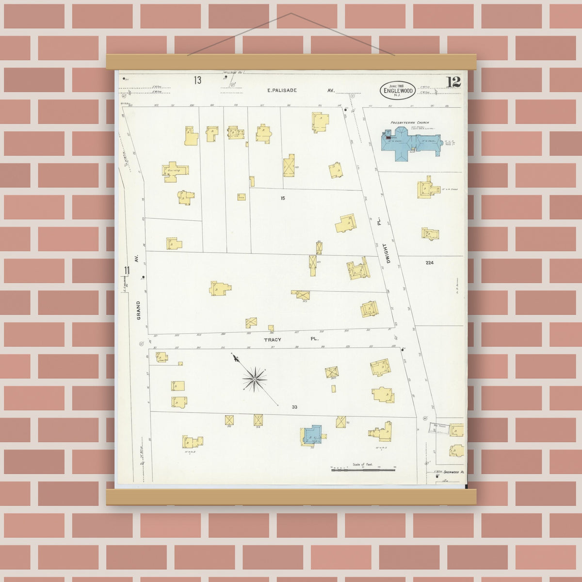 Old map wall art mockup — magnetic wood frame on brick wall — Sanborn Fire Insurance Map from Englewood, Bergen County, New Jersey (1908), Sheet #0012