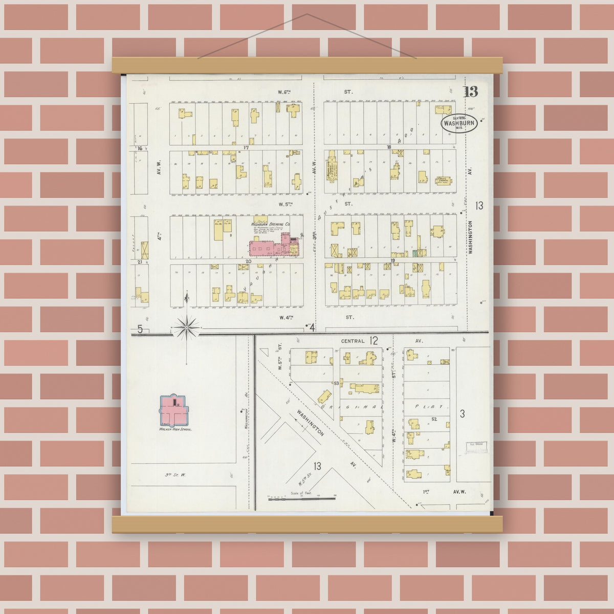 Old map wall art mockup — magnetic wood frame on brick wall — Sanborn Fire Insurance Map from Washburn, Bayfield County, Wisconsin (1898), Sheet #0013