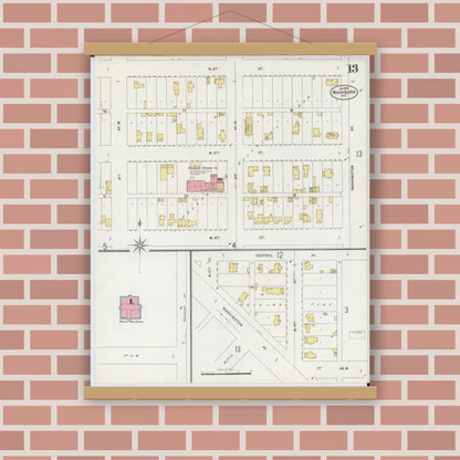 Old map wall art mockup — magnetic wood frame on brick wall — Sanborn Fire Insurance Map from Washburn, Bayfield County, Wisconsin (1898), Sheet #0013