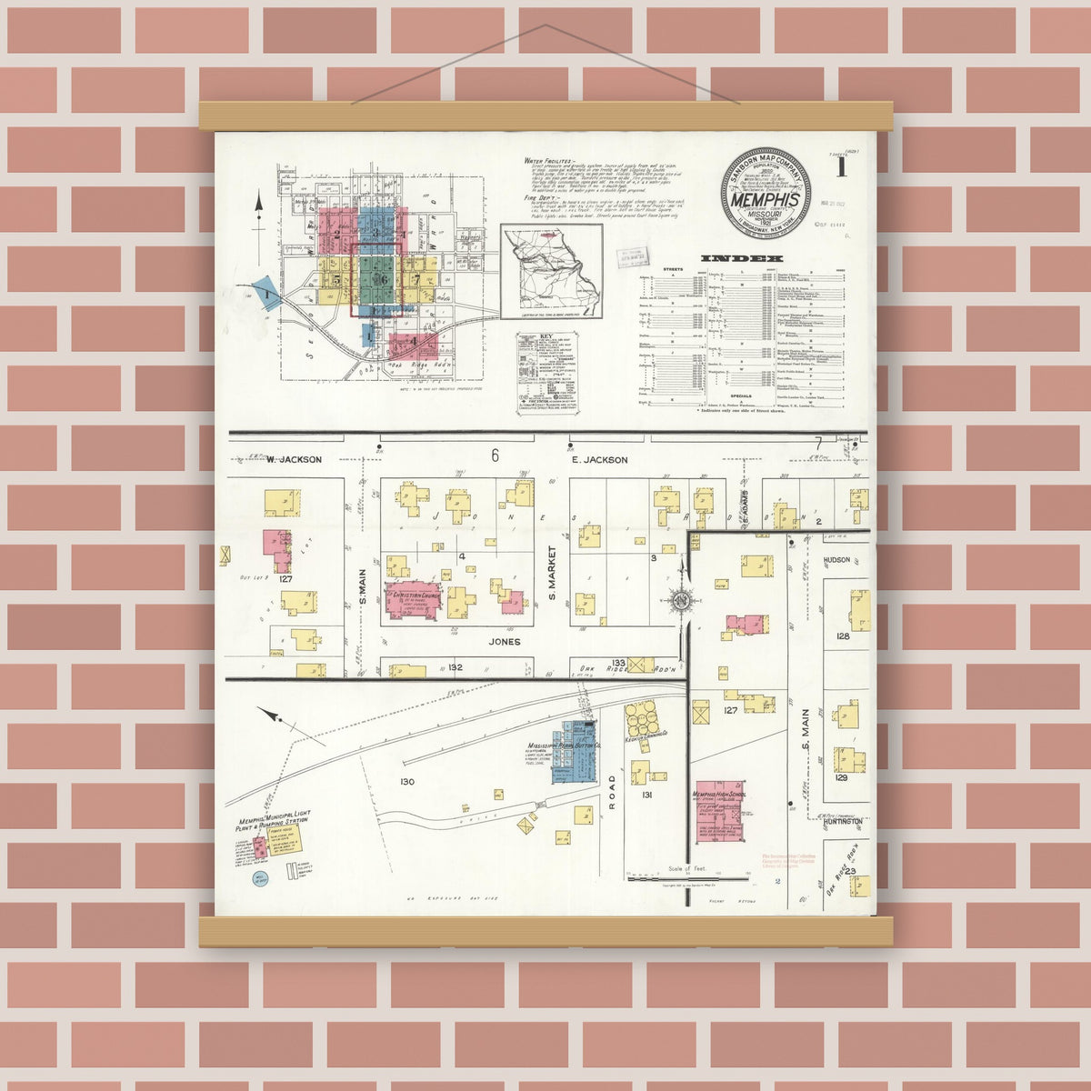 Old map wall art mockup — magnetic wood frame on brick wall — Sanborn Fire Insurance Map from Memphis, Scotland County, Missouri (1921), Sheet #0001