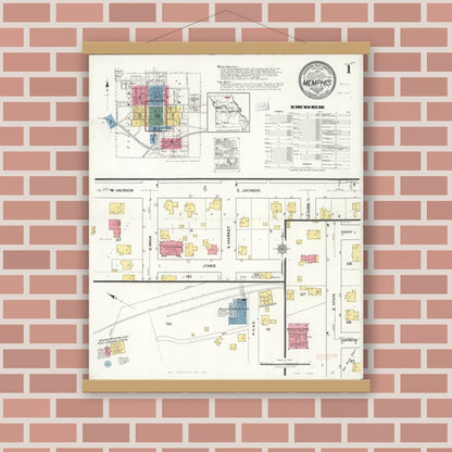 Old map wall art mockup — magnetic wood frame on brick wall — Sanborn Fire Insurance Map from Memphis, Scotland County, Missouri (1921), Sheet #0001