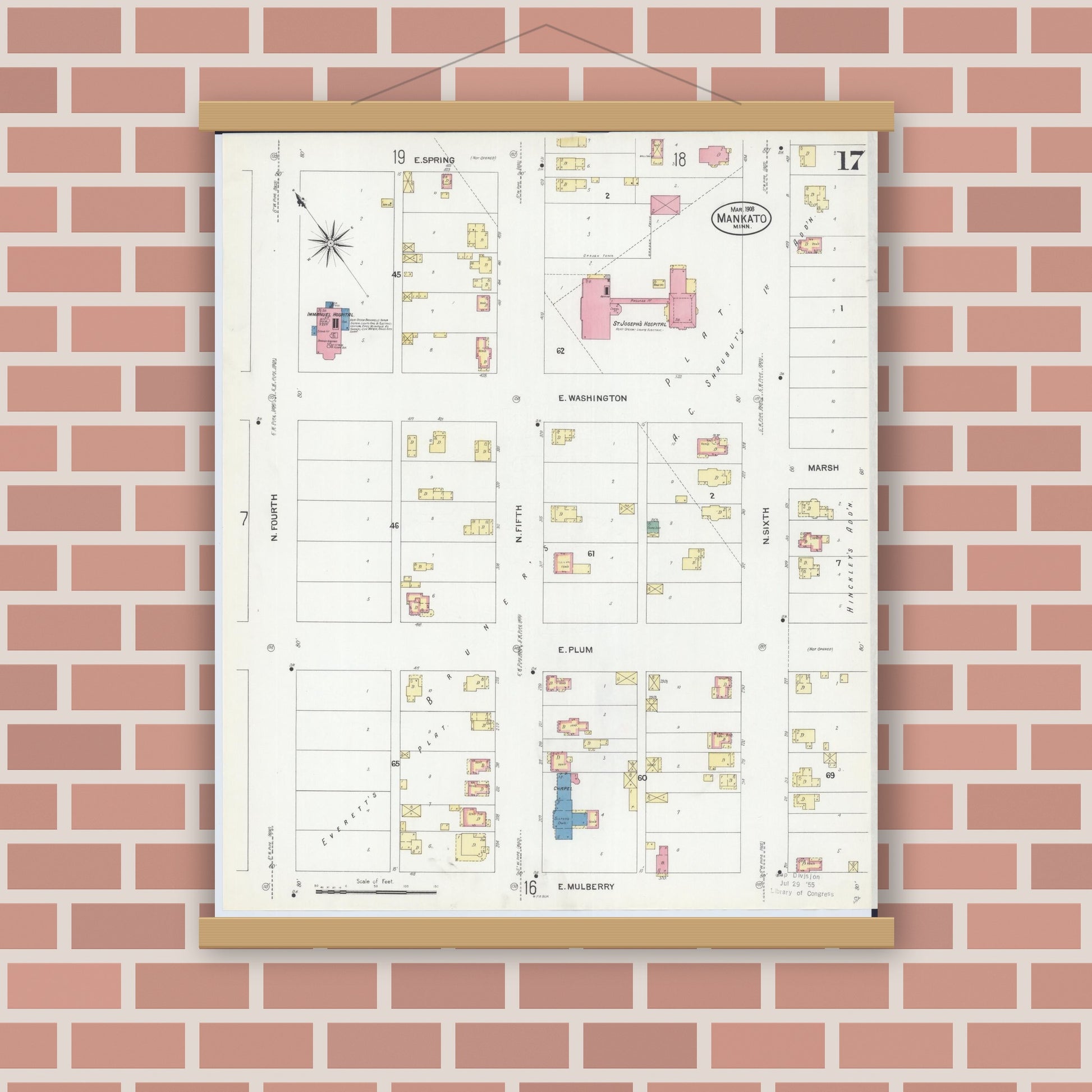 Old map wall art mockup — magnetic wood frame on brick wall — Sanborn Fire Insurance Map from Mankato, Blue Earth County, Minnesota (1908), Sheet #0017