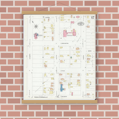 Old map wall art mockup — magnetic wood frame on brick wall — Sanborn Fire Insurance Map from Mankato, Blue Earth County, Minnesota (1908), Sheet #0017