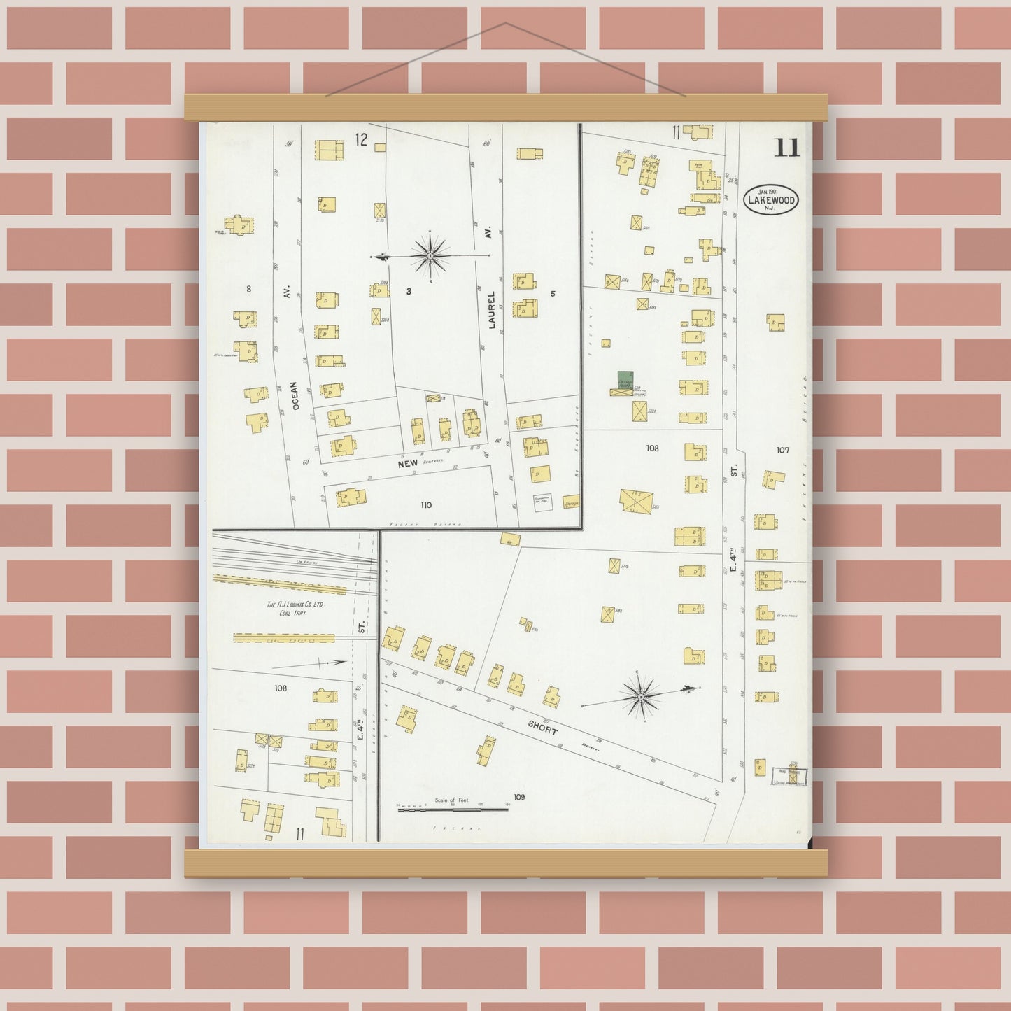 Old map wall art mockup — magnetic wood frame on brick wall — Sanborn Fire Insurance Map from Lakewood, Ocean County, New Jersey (1901), Sheet #0011