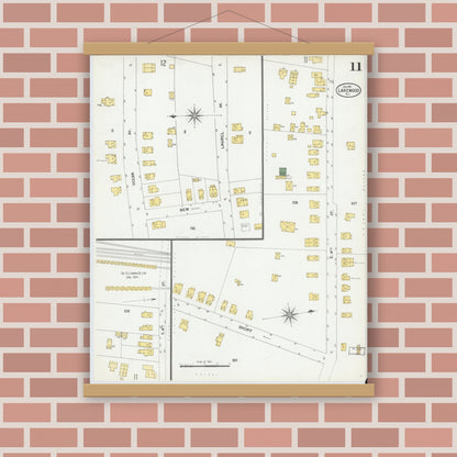 Old map wall art mockup — magnetic wood frame on brick wall — Sanborn Fire Insurance Map from Lakewood, Ocean County, New Jersey (1901), Sheet #0011