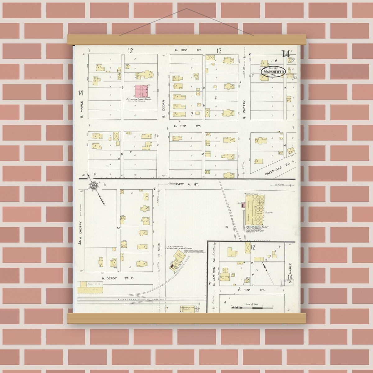 Old map wall art mockup — magnetic wood frame on brick wall — Sanborn Fire Insurance Map from Marshfield, Wood County, Wisconsin (1912), Sheet #0014