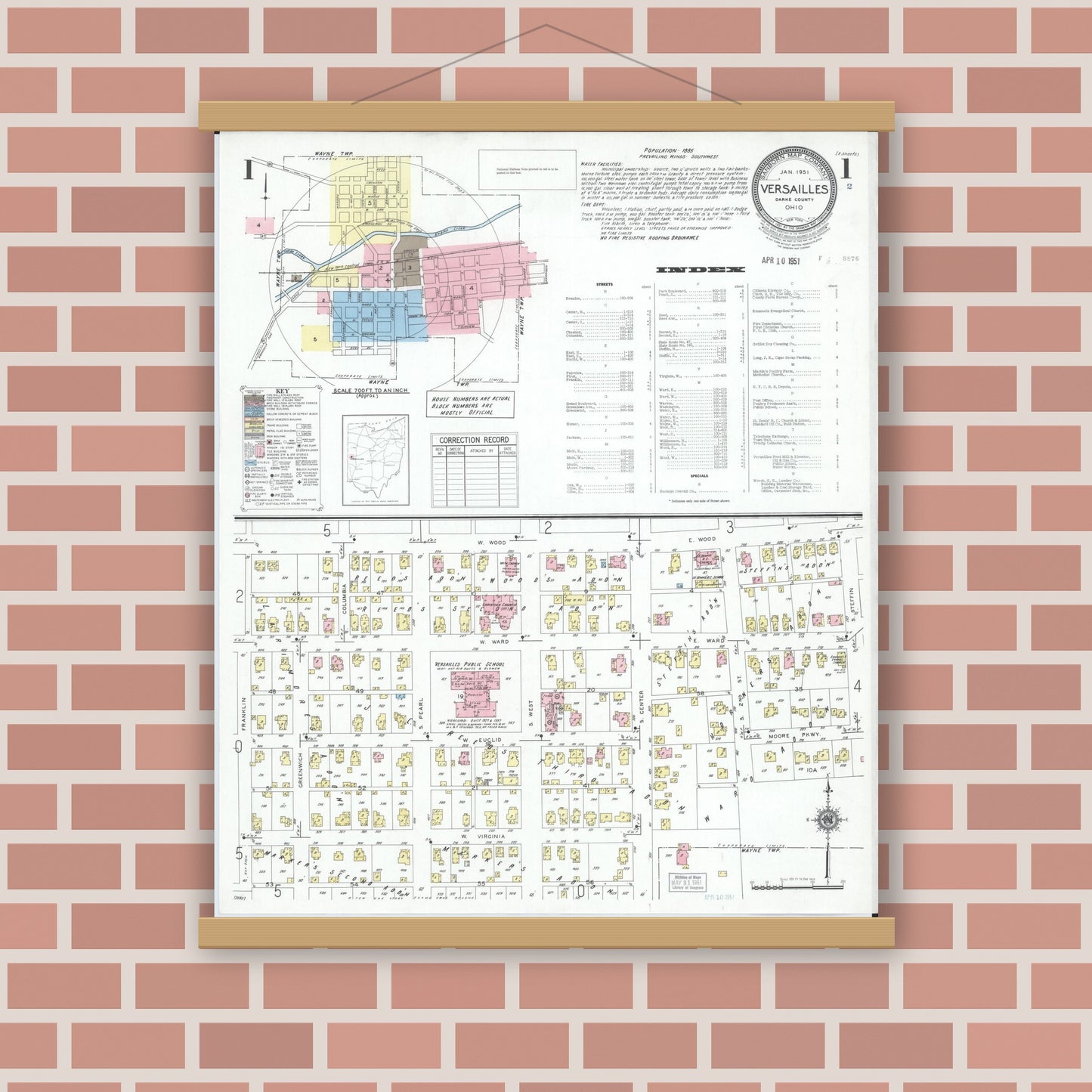 Old map wall art mockup — magnetic wood frame on brick wall — Sanborn Fire Insurance Map from Versailles, Darke County, Ohio (1951), Sheet #0001