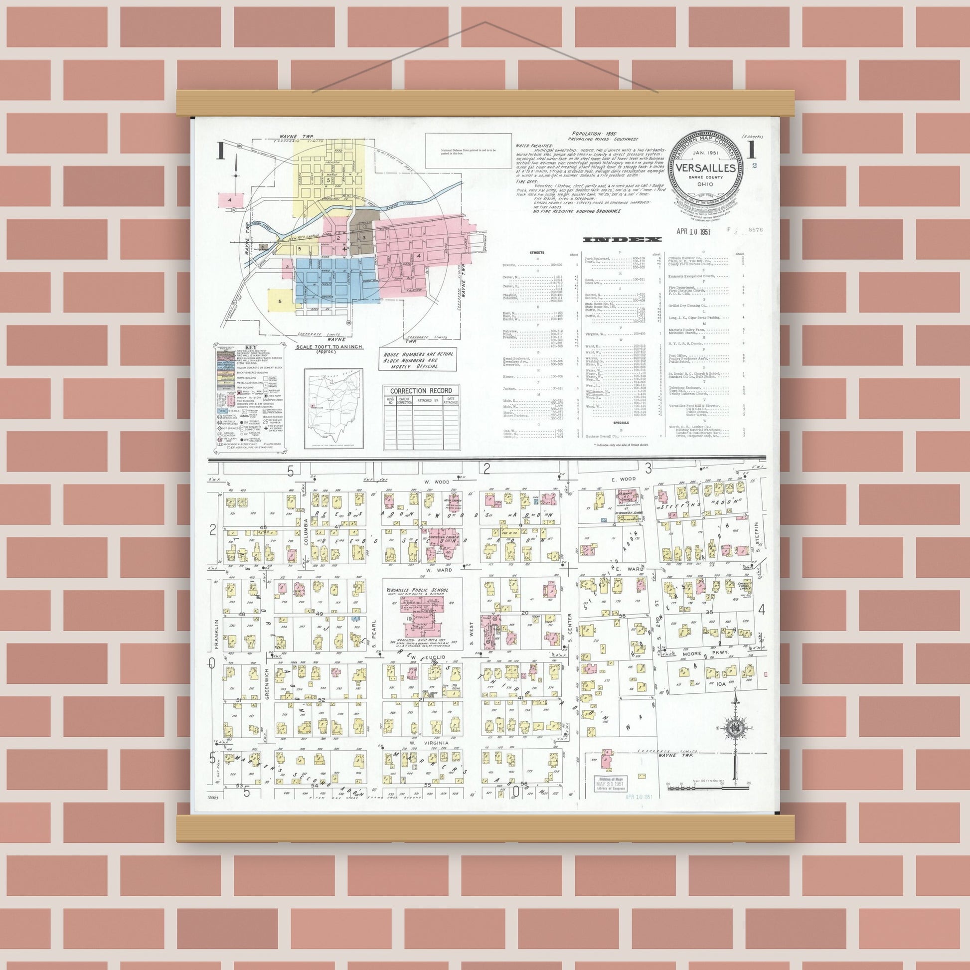 Old map wall art mockup — magnetic wood frame on brick wall — Sanborn Fire Insurance Map from Versailles, Darke County, Ohio (1951), Sheet #0001