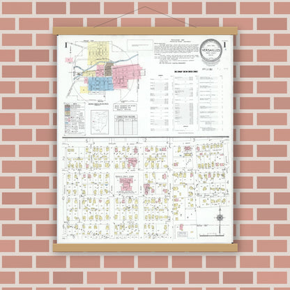 Old map wall art mockup — magnetic wood frame on brick wall — Sanborn Fire Insurance Map from Versailles, Darke County, Ohio (1951), Sheet #0001
