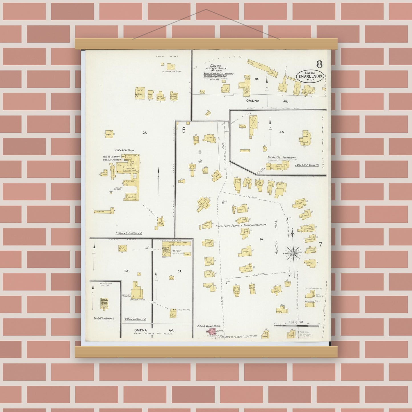 Old map wall art mockup — magnetic wood frame on brick wall — Sanborn Fire Insurance Map from Charlevoix, Charlevoix County, Michigan (1907), Sheet #0008