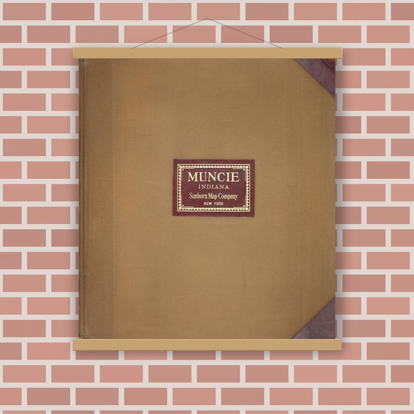 Old map wall art mockup — magnetic wood frame on brick wall — Sanborn Fire Insurance Map from Muncie, Delaware County, Indiana (1950), Sheet #0001