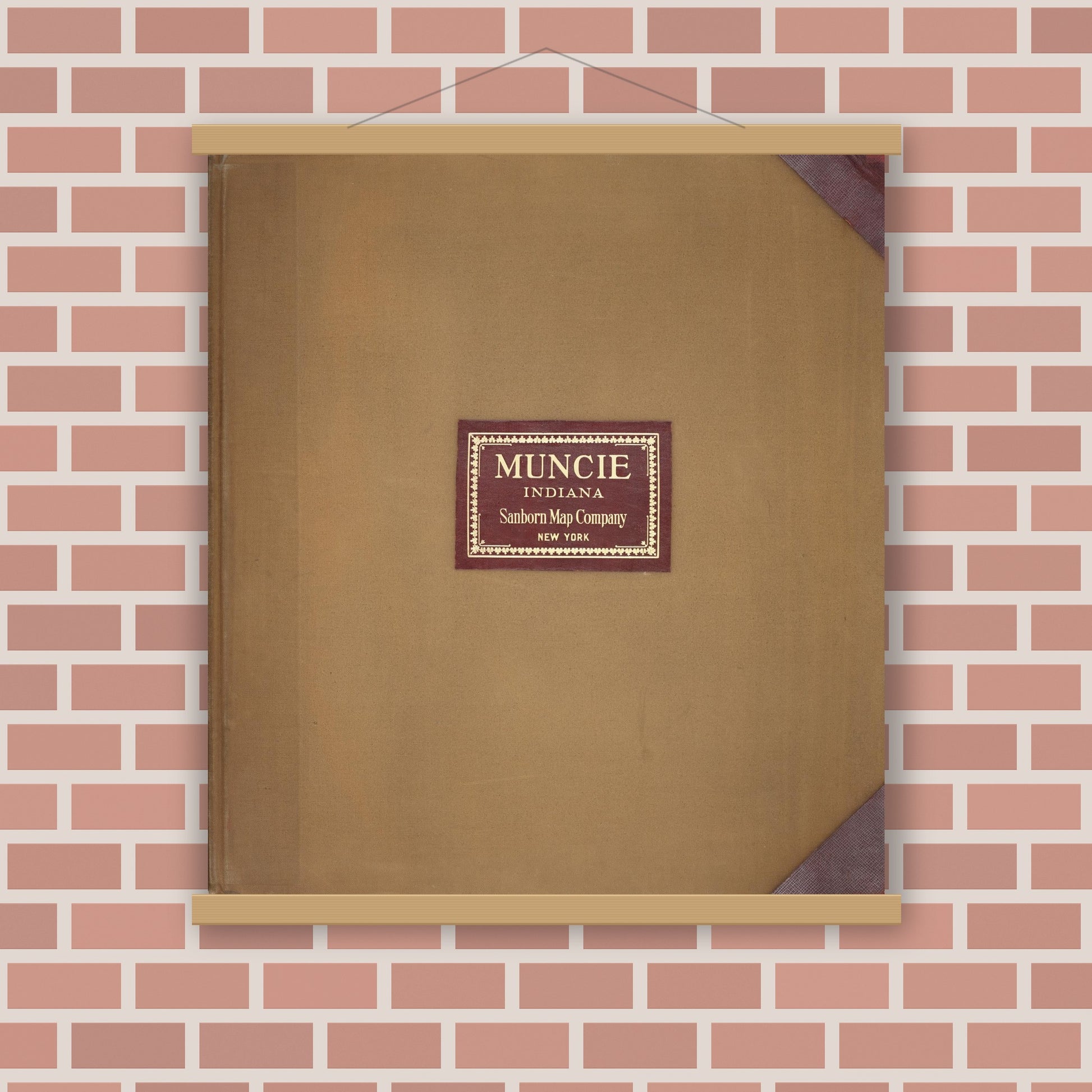 Old map wall art mockup — magnetic wood frame on brick wall — Sanborn Fire Insurance Map from Muncie, Delaware County, Indiana (1950), Sheet #0001