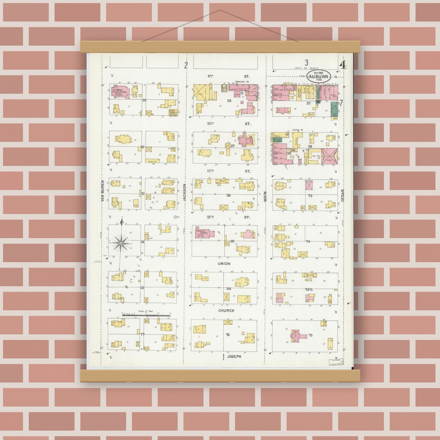 Old map wall art mockup — magnetic wood frame on brick wall — Sanborn Fire Insurance Map from Auburn, De Kalb County, Indiana (1901), Sheet #0004