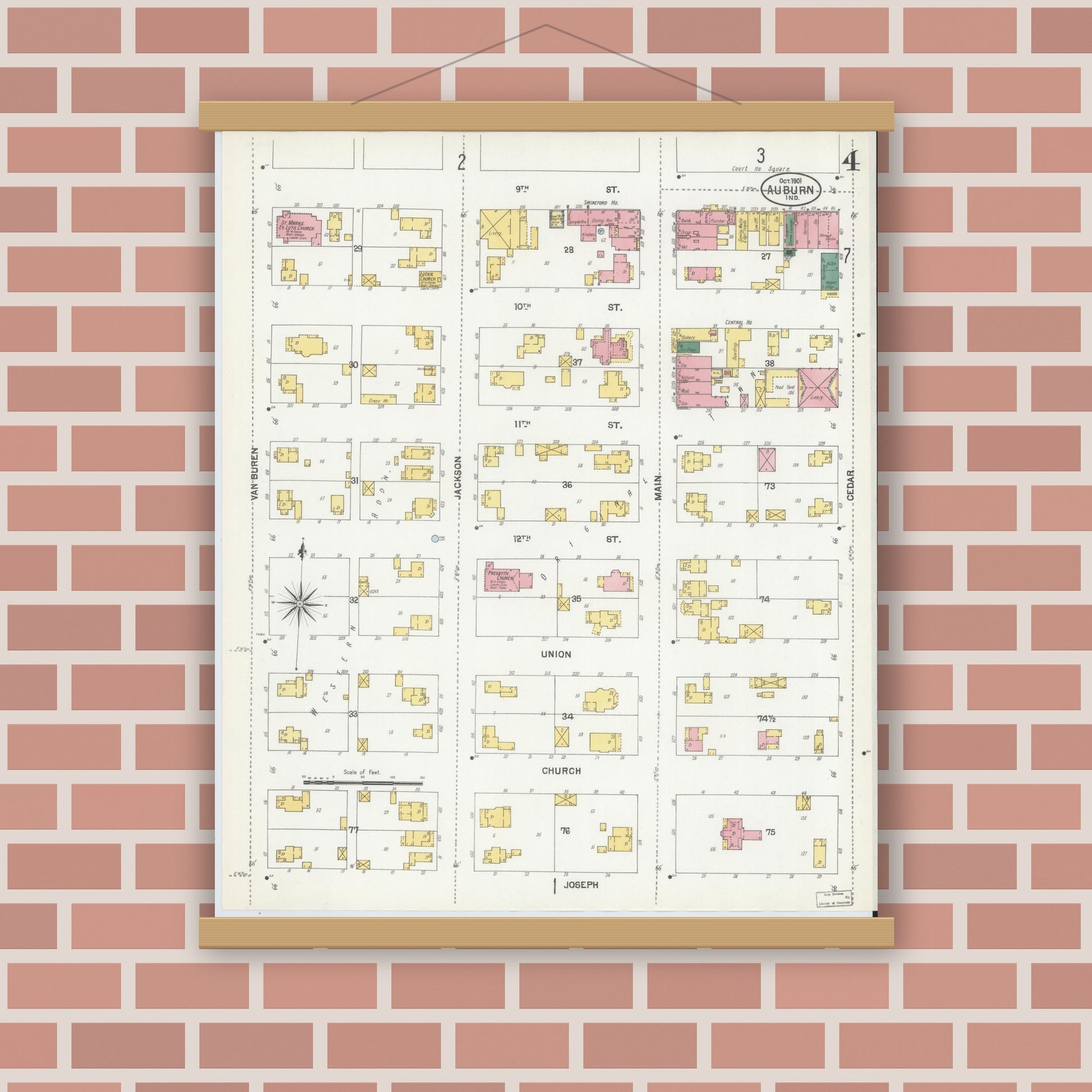 Old map wall art mockup — magnetic wood frame on brick wall — Sanborn Fire Insurance Map from Auburn, De Kalb County, Indiana (1901), Sheet #0004