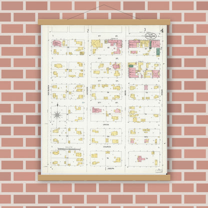 Old map wall art mockup — magnetic wood frame on brick wall — Sanborn Fire Insurance Map from Auburn, De Kalb County, Indiana (1901), Sheet #0004