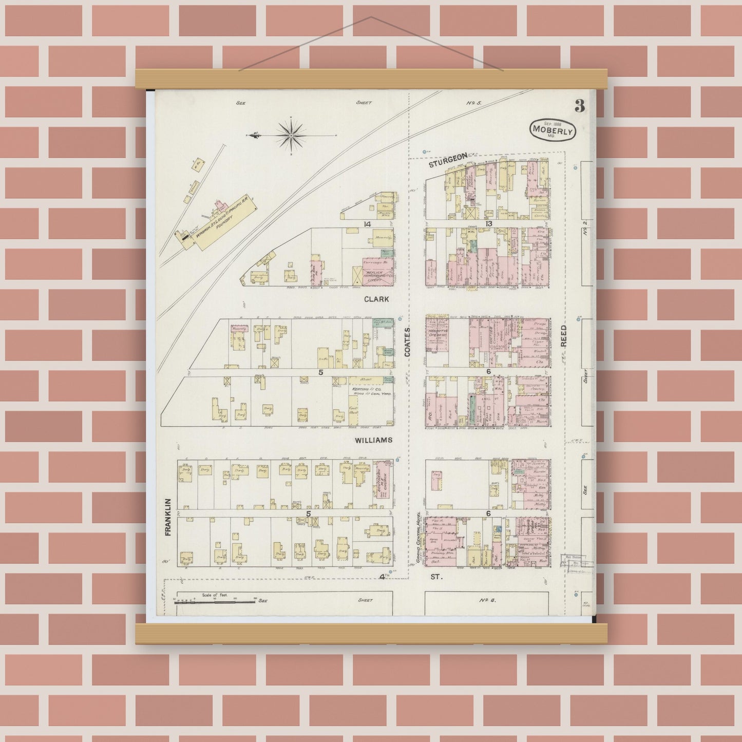 Old map wall art mockup — magnetic wood frame on brick wall — Sanborn Fire Insurance Map from Moberly, Randolph County, Missouri (1888), Sheet #0003