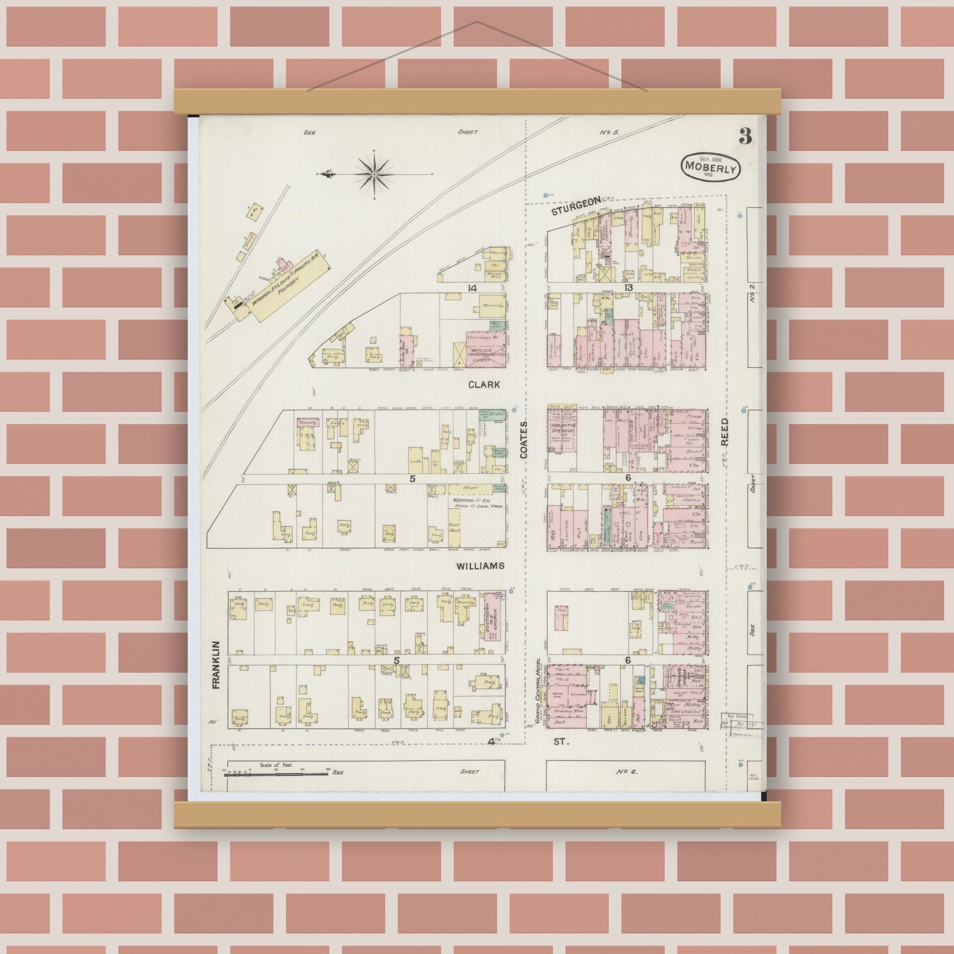 Old map wall art mockup — magnetic wood frame on brick wall — Sanborn Fire Insurance Map from Moberly, Randolph County, Missouri (1888), Sheet #0003