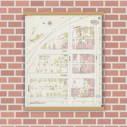 Old map wall art mockup — magnetic wood frame on brick wall — Sanborn Fire Insurance Map from Moberly, Randolph County, Missouri (1888), Sheet #0003