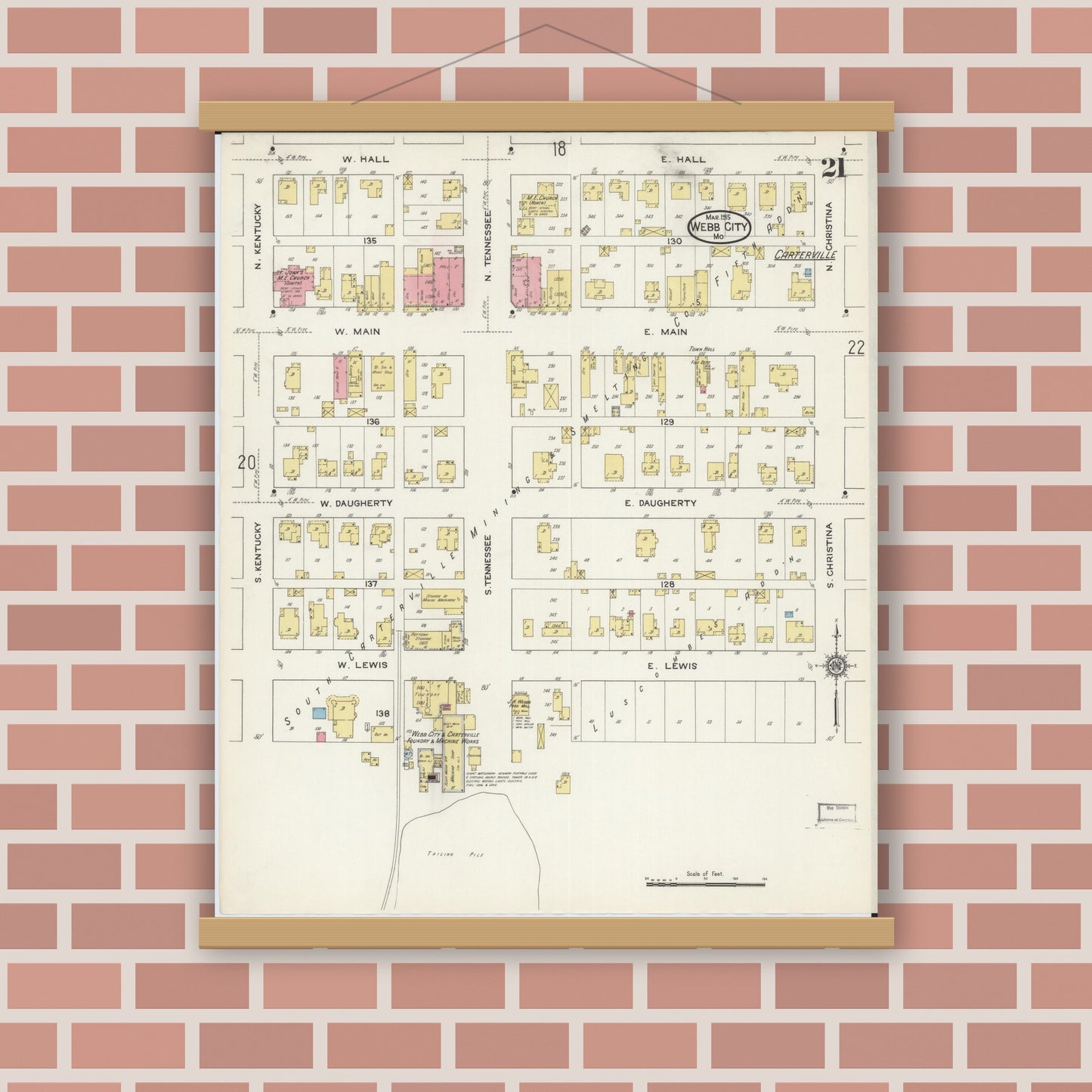 Old map wall art mockup — magnetic wood frame on brick wall — Sanborn Fire Insurance Map from Webb City, Jasper County, Missouri (1915), Sheet #0021