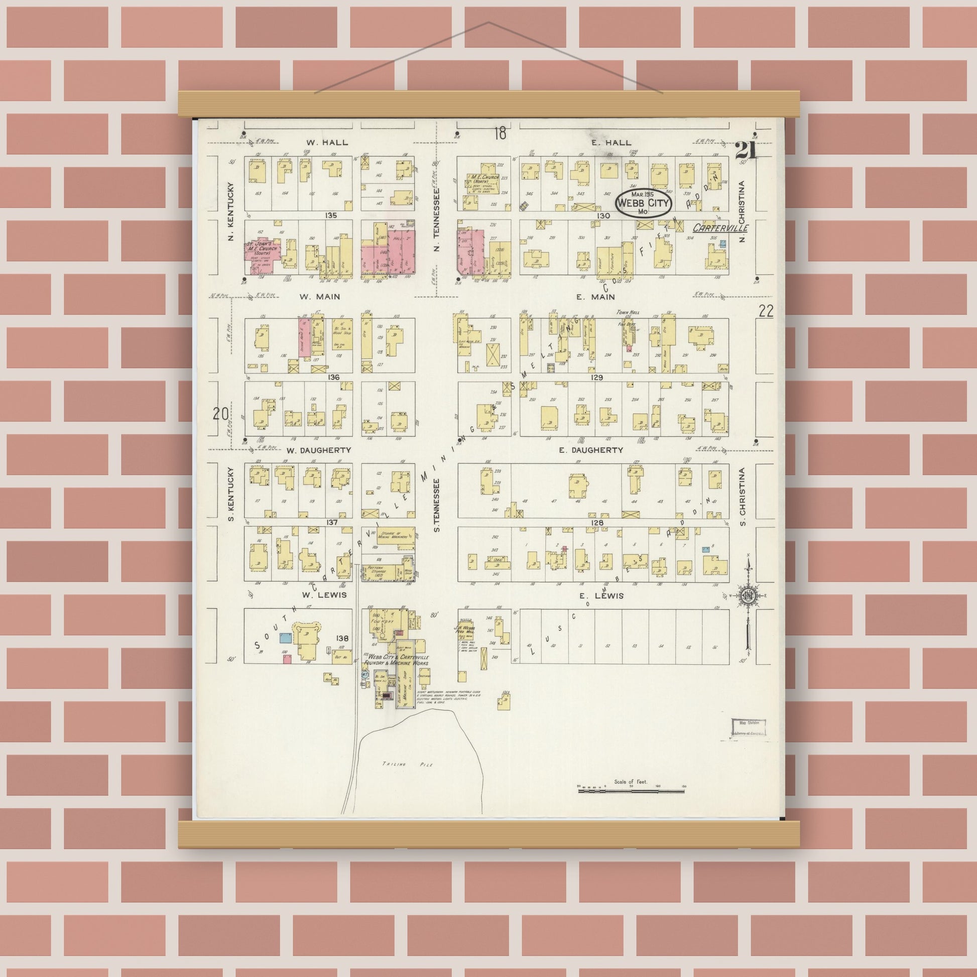 Old map wall art mockup — magnetic wood frame on brick wall — Sanborn Fire Insurance Map from Webb City, Jasper County, Missouri (1915), Sheet #0021