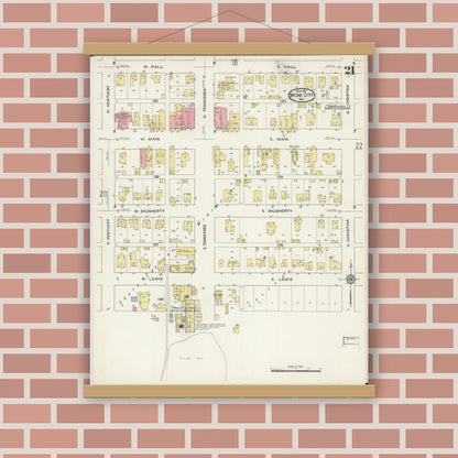 Old map wall art mockup — magnetic wood frame on brick wall — Sanborn Fire Insurance Map from Webb City, Jasper County, Missouri (1915), Sheet #0021