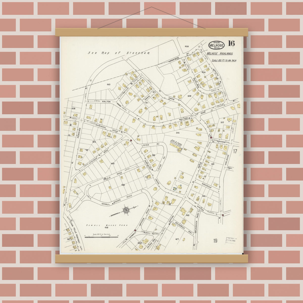 Old map wall art mockup — magnetic wood frame on brick wall — Sanborn Fire Insurance Map from Melrose, Middlesex County, Massachusetts (1915), Sheet #0016