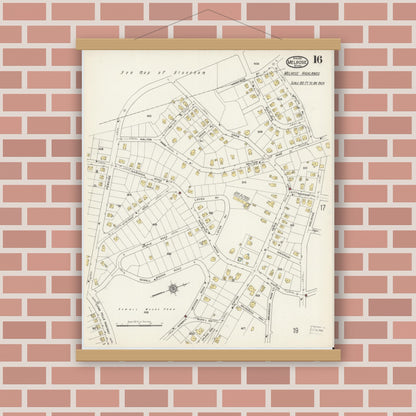 Old map wall art mockup — magnetic wood frame on brick wall — Sanborn Fire Insurance Map from Melrose, Middlesex County, Massachusetts (1915), Sheet #0016