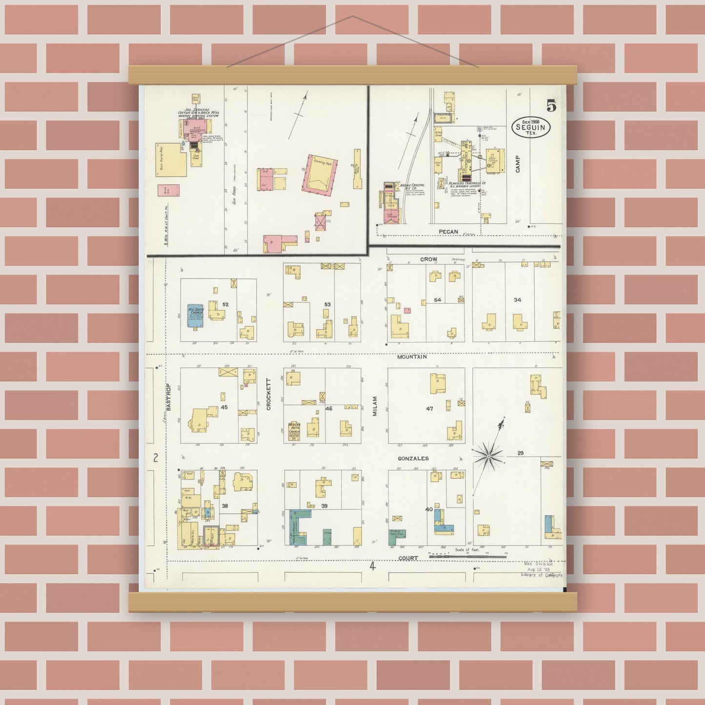 Old map wall art mockup — magnetic wood frame on brick wall — Sanborn Fire Insurance Map from Seguin, Guadalupe County, Texas (1906), Sheet #0005