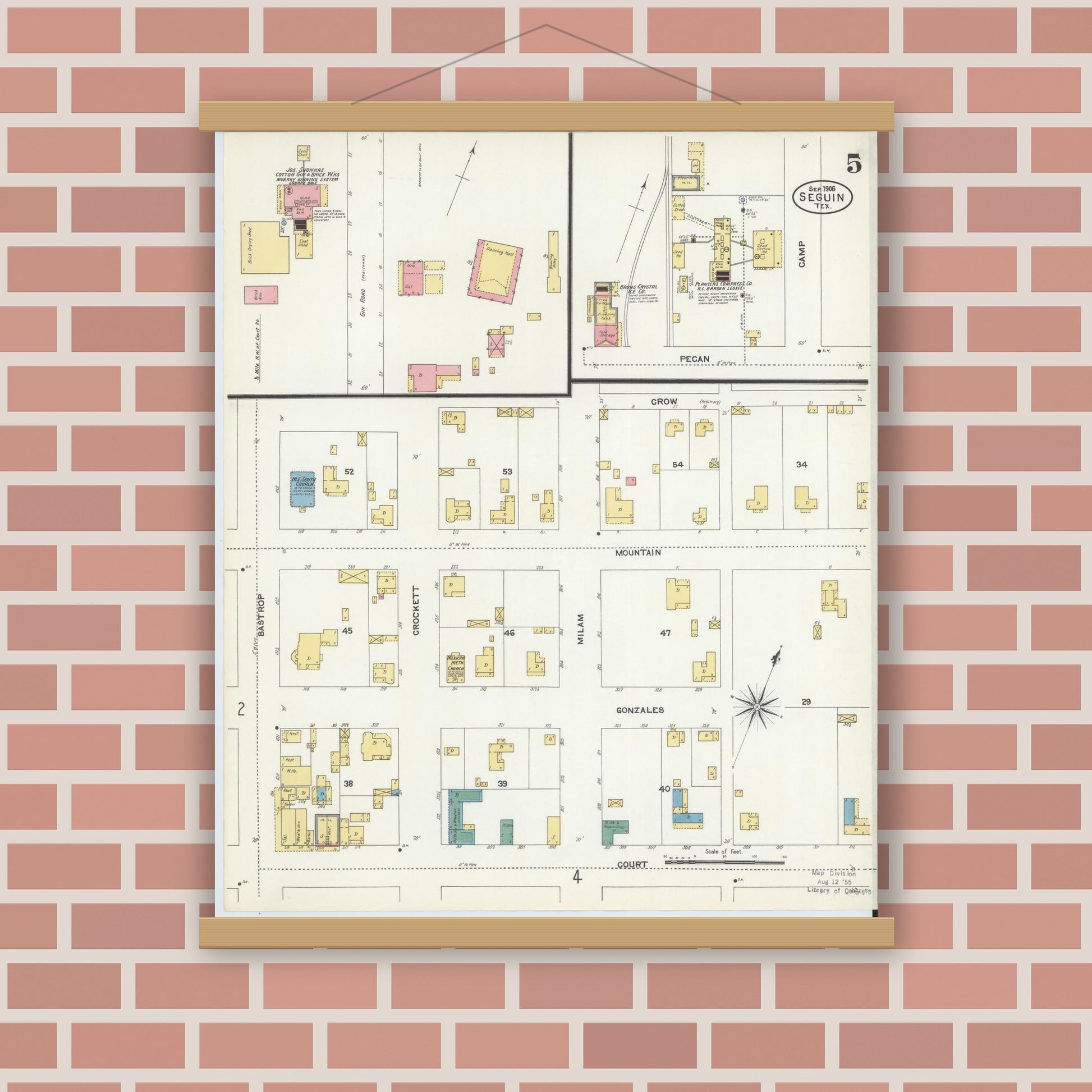 Old map wall art mockup — magnetic wood frame on brick wall — Sanborn Fire Insurance Map from Seguin, Guadalupe County, Texas (1906), Sheet #0005