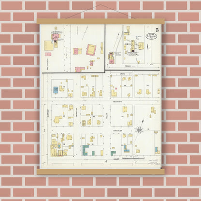 Old map wall art mockup — magnetic wood frame on brick wall — Sanborn Fire Insurance Map from Seguin, Guadalupe County, Texas (1906), Sheet #0005
