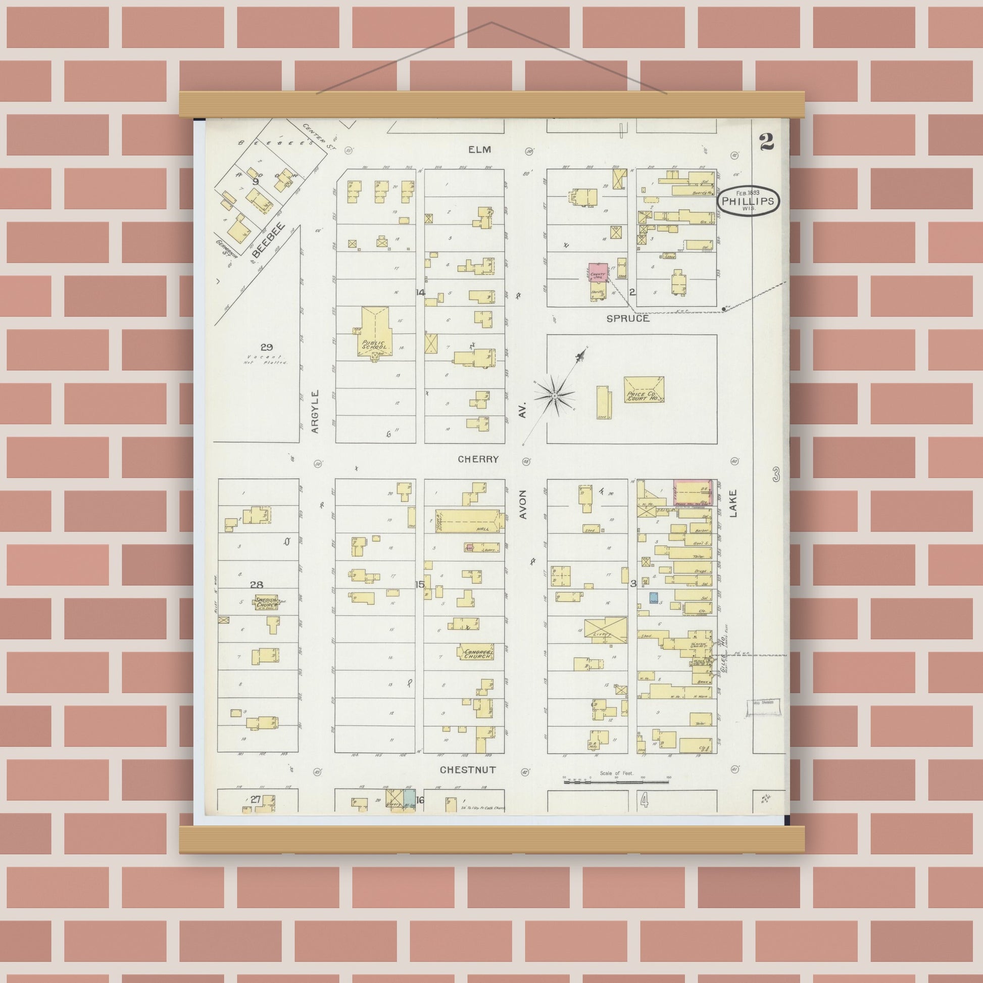 Old map wall art mockup — magnetic wood frame on brick wall — Sanborn Fire Insurance Map from Phillips, Price County, Wisconsin (1893), Sheet #0002