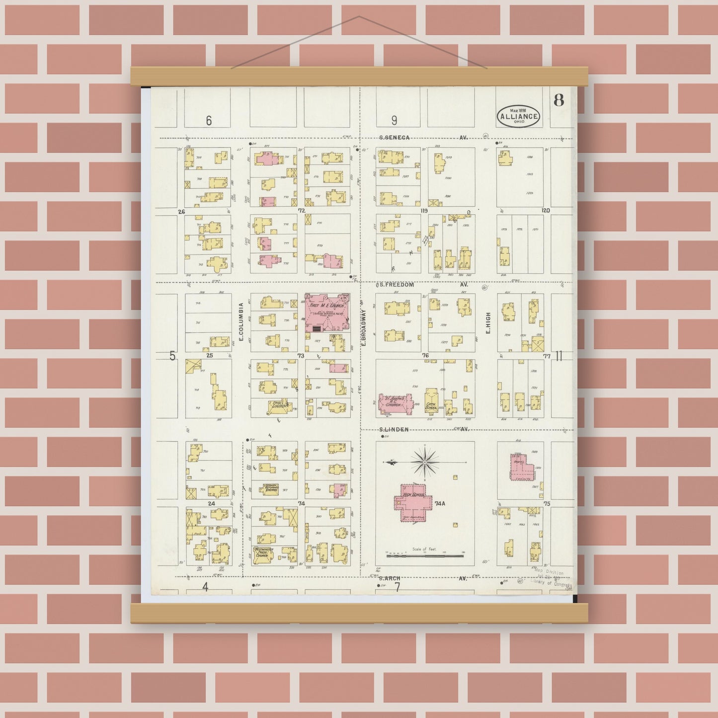 Old map wall art mockup — magnetic wood frame on brick wall — Sanborn Fire Insurance Map from Alliance, Stark County, Ohio (1898), Sheet #0008