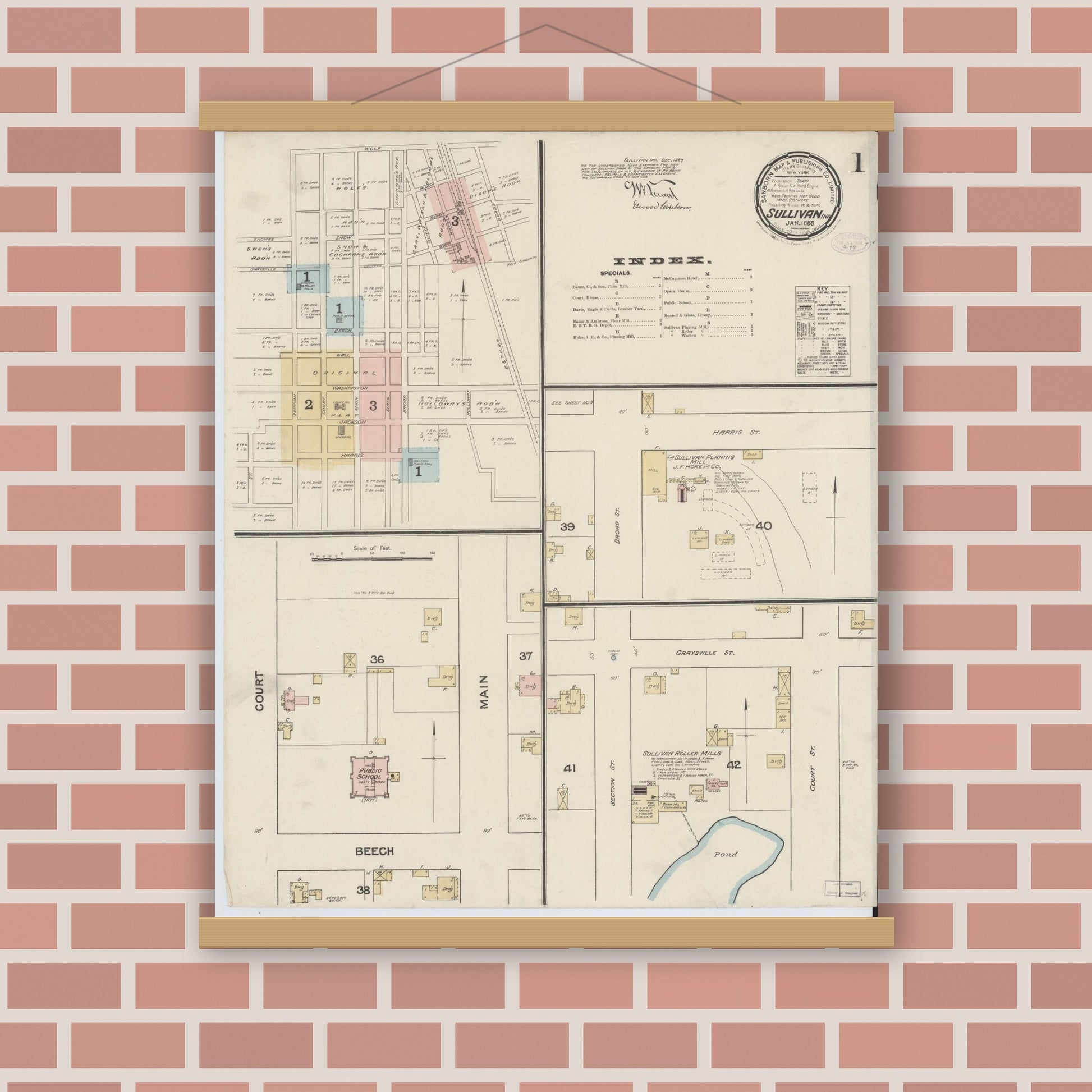 Old map wall art mockup — magnetic wood frame on brick wall — Sanborn Fire Insurance Map from Sullivan, Sullivan County, Indiana (1888), Sheet #0001
