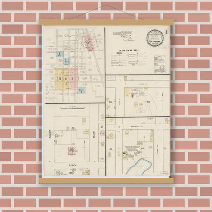 Old map wall art mockup — magnetic wood frame on brick wall — Sanborn Fire Insurance Map from Sullivan, Sullivan County, Indiana (1888), Sheet #0001