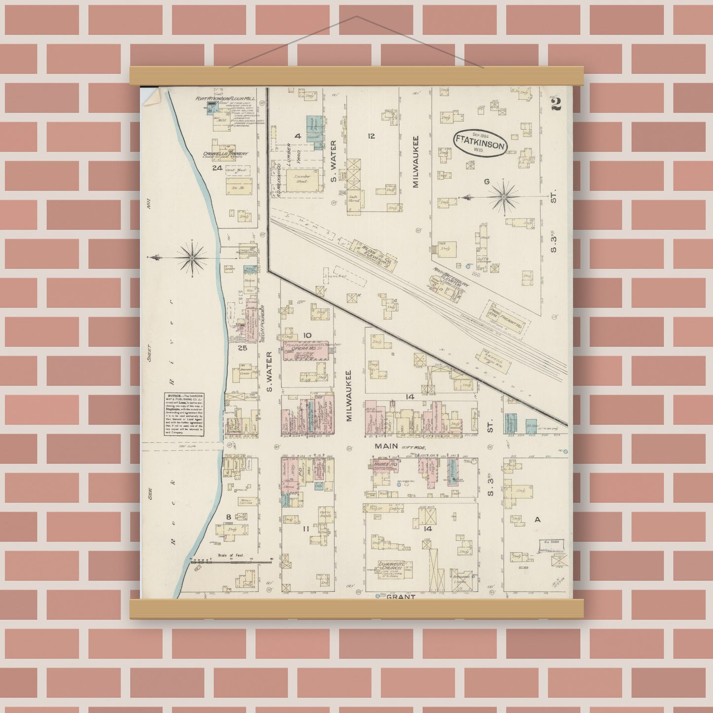 Old map wall art mockup — magnetic wood frame on brick wall — Sanborn Fire Insurance Map from Fort Atkinson, Jefferson County, Wisconsin (1884), Sheet #0002