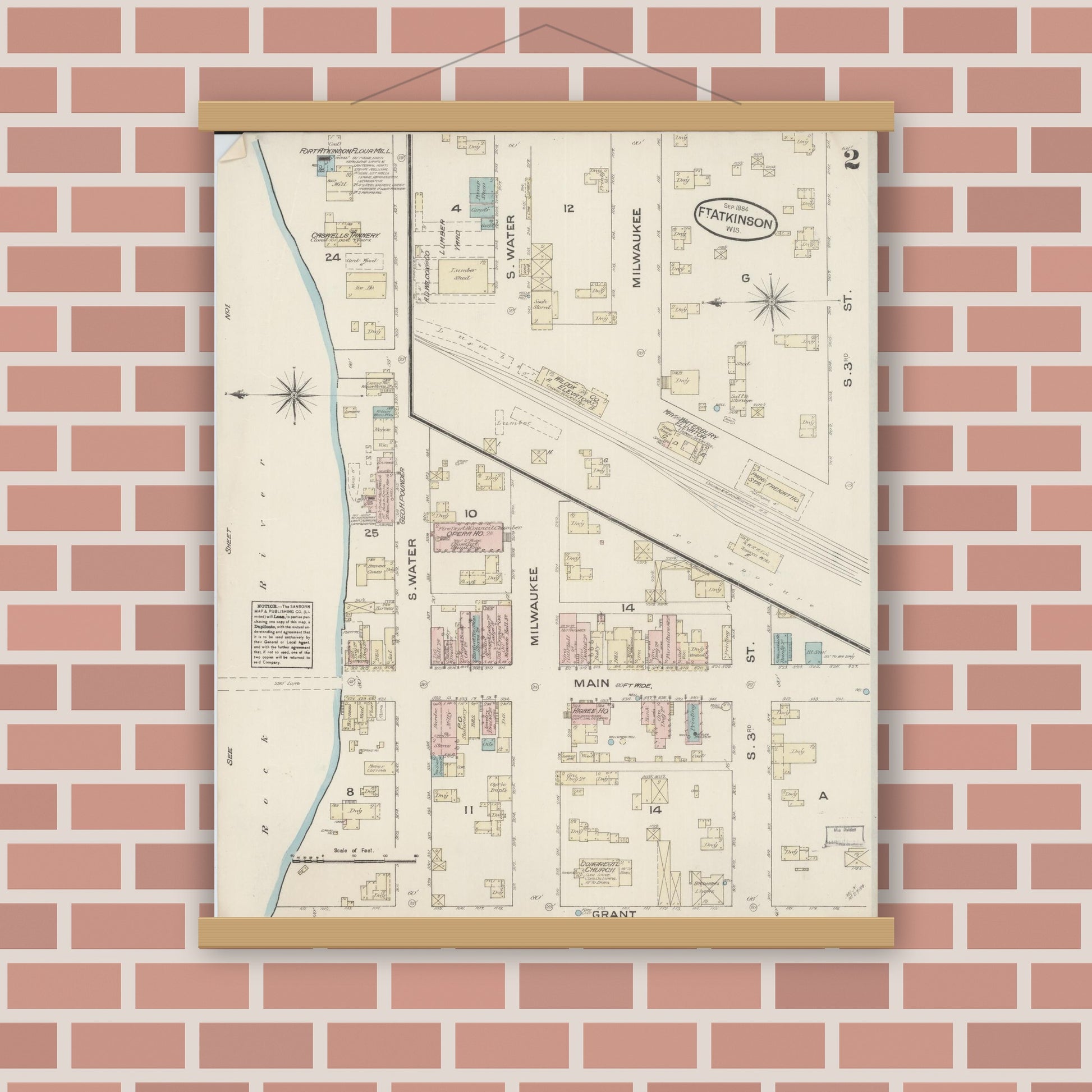Old map wall art mockup — magnetic wood frame on brick wall — Sanborn Fire Insurance Map from Fort Atkinson, Jefferson County, Wisconsin (1884), Sheet #0002