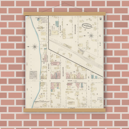 Old map wall art mockup — magnetic wood frame on brick wall — Sanborn Fire Insurance Map from Fort Atkinson, Jefferson County, Wisconsin (1884), Sheet #0002