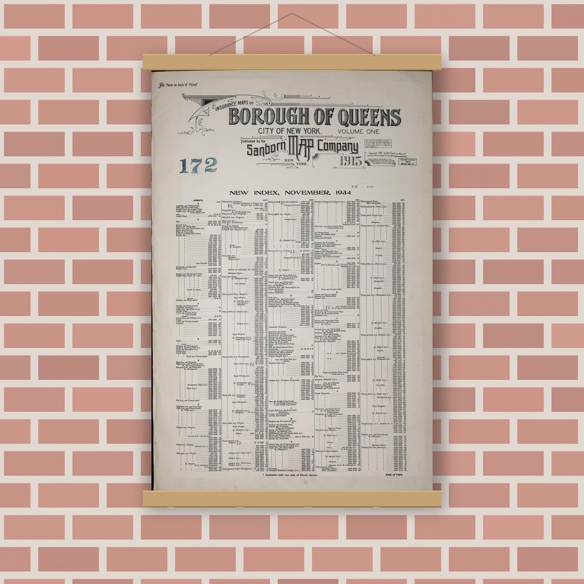 Old map wall art mockup — magnetic wood frame on brick wall — Sanborn Fire Insurance Map from Queens, Queens County, New York (1947), Sheet #0001