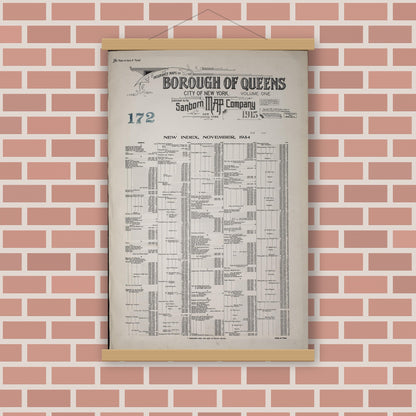 Old map wall art mockup — magnetic wood frame on brick wall — Sanborn Fire Insurance Map from Queens, Queens County, New York (1947), Sheet #0001