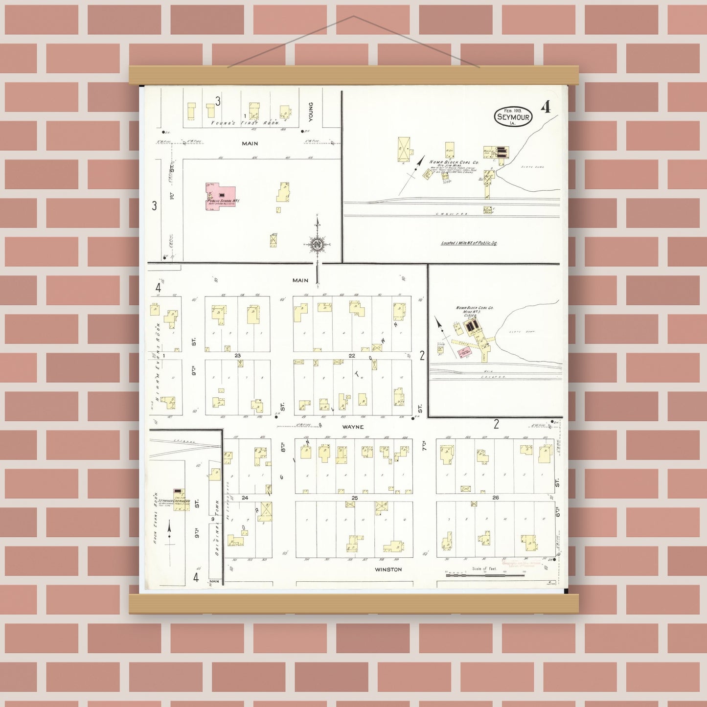 Old map wall art mockup — magnetic wood frame on brick wall — Sanborn Fire Insurance Map from Seymour, Wayne County, Iowa (1913), Sheet #0004