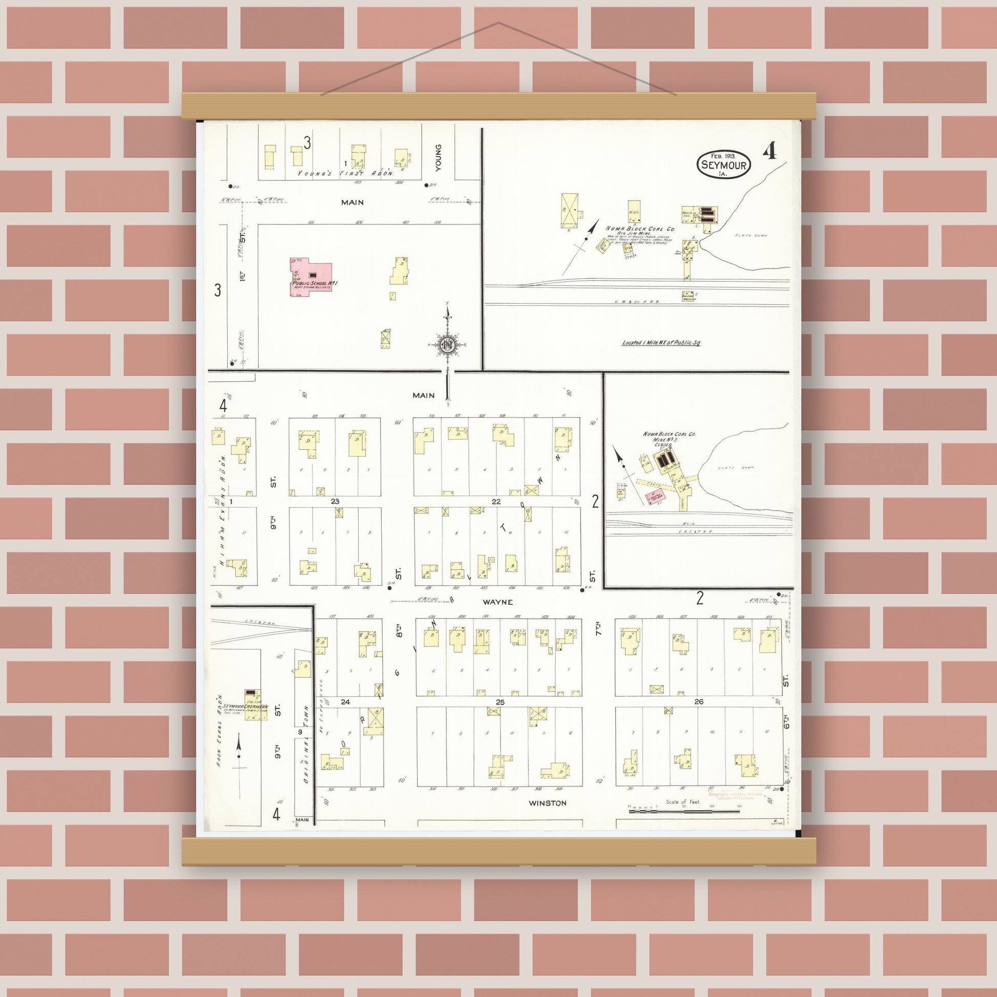 Old map wall art mockup — magnetic wood frame on brick wall — Sanborn Fire Insurance Map from Seymour, Wayne County, Iowa (1913), Sheet #0004