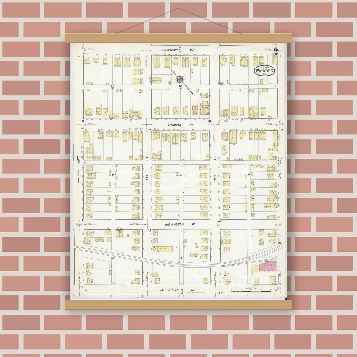 Old map wall art mockup — magnetic wood frame on brick wall — Sanborn Fire Insurance Map from Windber, Somerset County, Pennsylvania (1916), Sheet #0002