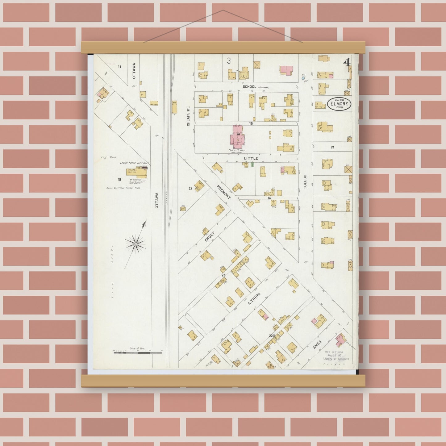 Old map wall art mockup — magnetic wood frame on brick wall — Sanborn Fire Insurance Map from Elmore, Ottawa County, Ohio (1899), Sheet #0004