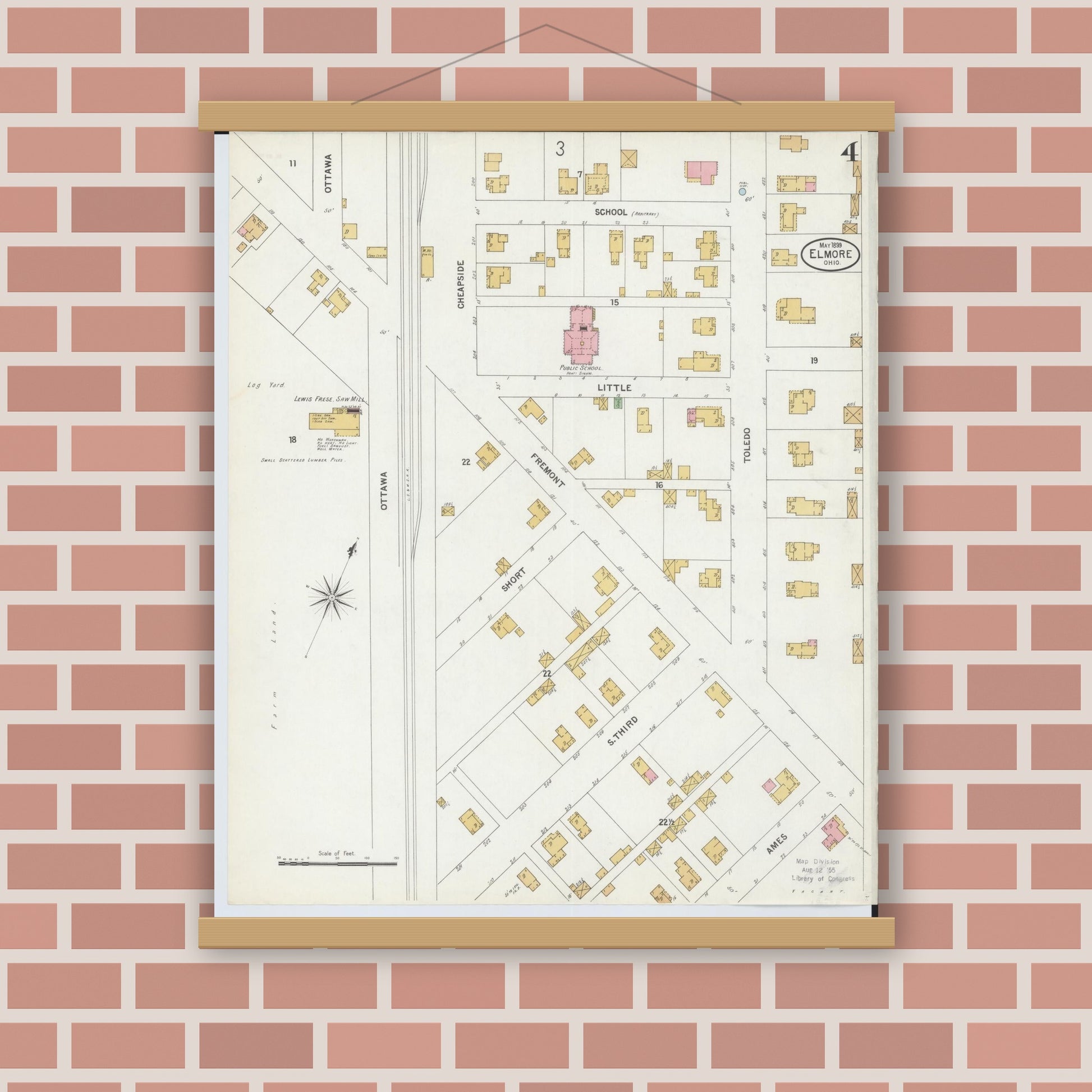 Old map wall art mockup — magnetic wood frame on brick wall — Sanborn Fire Insurance Map from Elmore, Ottawa County, Ohio (1899), Sheet #0004