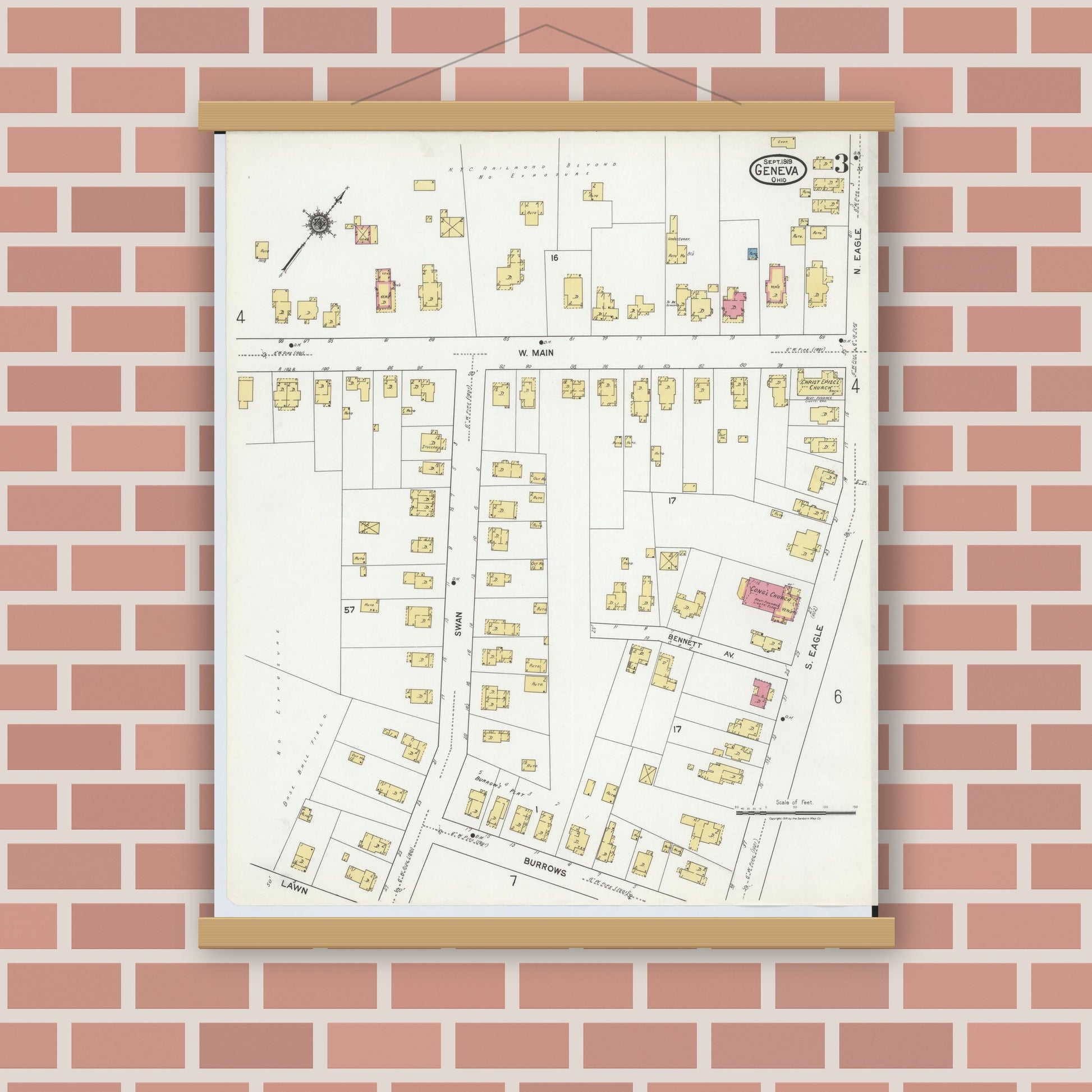 Old map wall art mockup — magnetic wood frame on brick wall — Sanborn Fire Insurance Map from Geneva, Ashtabula County, Ohio (1919), Sheet #0003