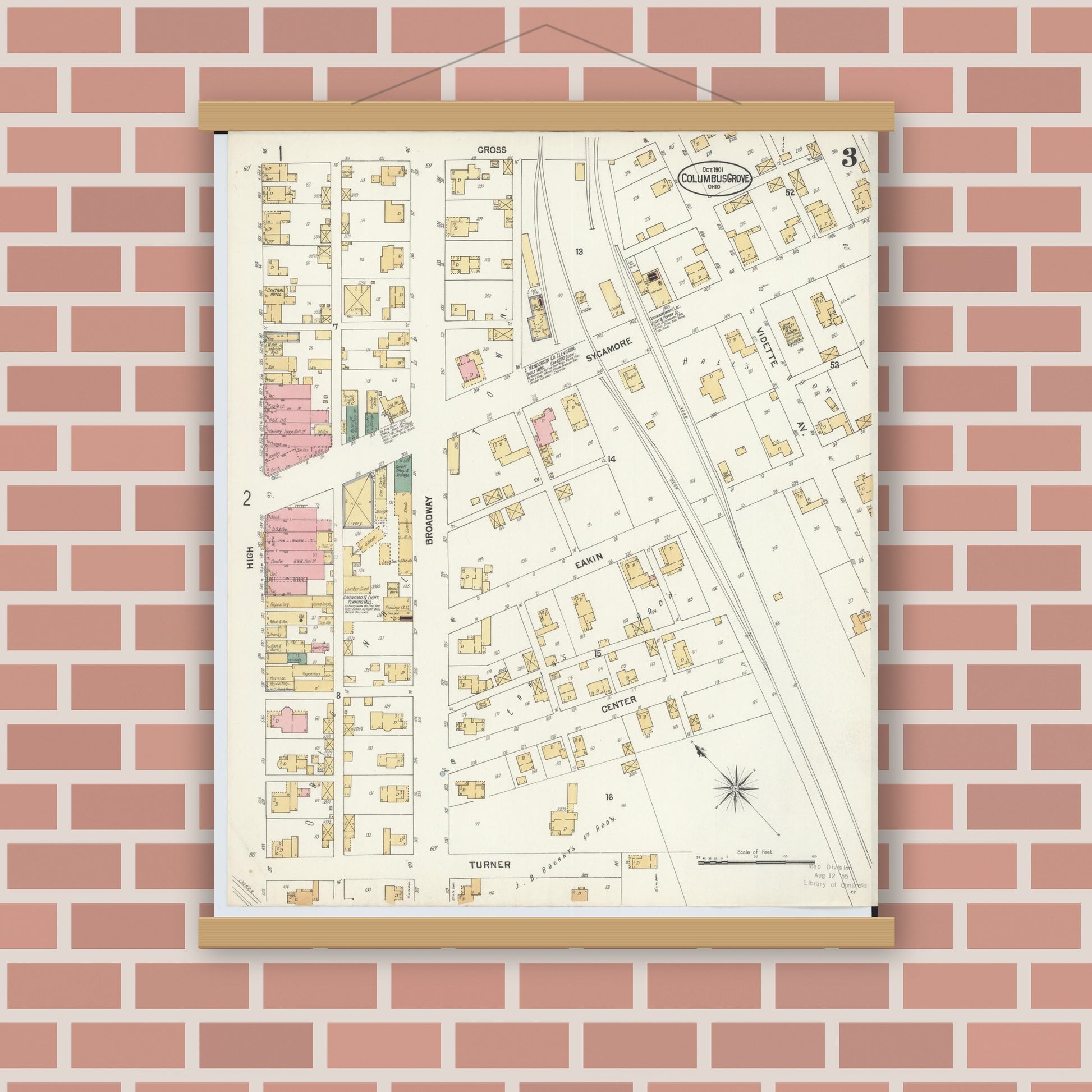 Old map wall art mockup — magnetic wood frame on brick wall — Sanborn Fire Insurance Map from Columbus Grove, Putnam County, Ohio (1901), Sheet #0003