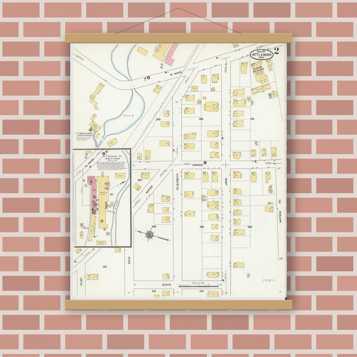 Old map wall art mockup — magnetic wood frame on brick wall — Sanborn Fire Insurance Map from Attleboro, Bristol County, Massachusetts (1911) - Complete Map Set