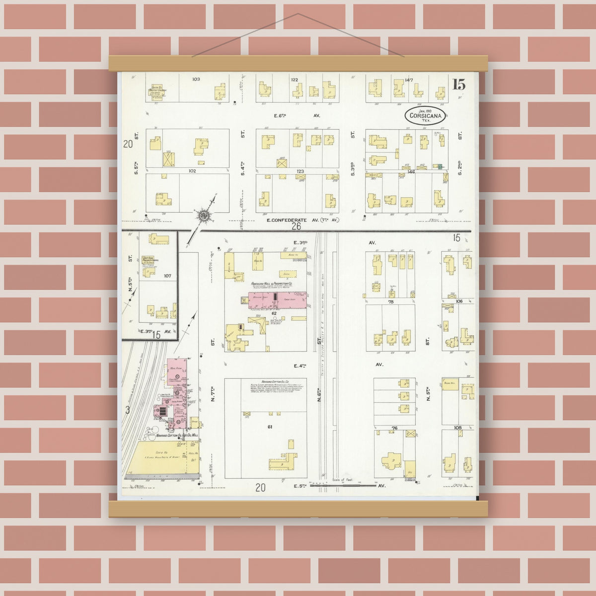 Old map wall art mockup — magnetic wood frame on brick wall — Sanborn Map from Corsicana, Navarro County, Texas (1910), Sheet #0015